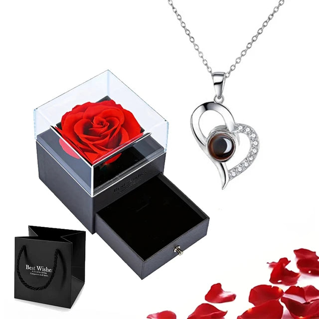 Eternal Rose Love Box – A Romantic Gift Set with 100 Languages "I Love You" Necklace