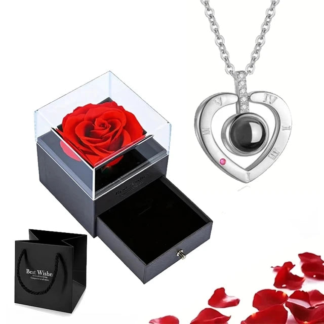 Eternal Rose Love Box – A Romantic Gift Set with 100 Languages "I Love You" Necklace